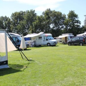 Caravans en campers op grasveld van Camping de Waterbuffelfarm.